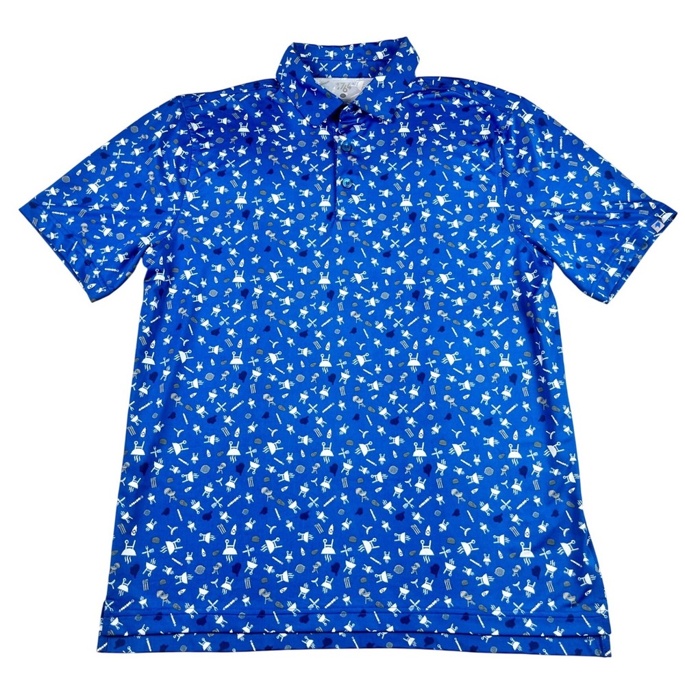 1764 Mens BBQ Grill Novelty Print Performance Golf Polo Shirt Size Medium Blue